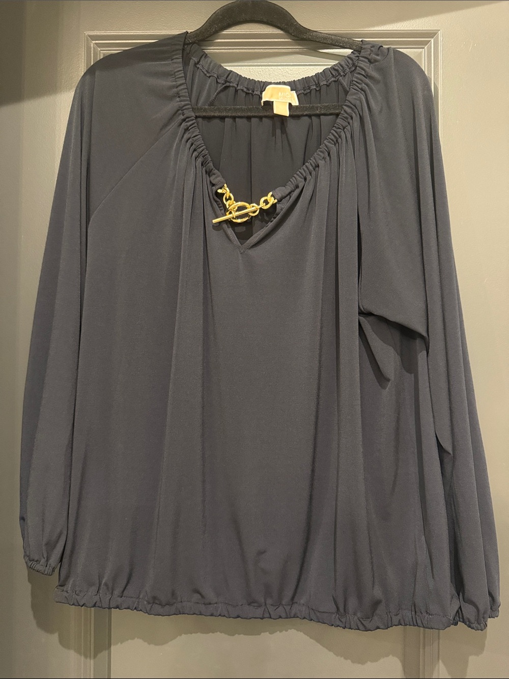 Michael Kors Womens Navy/Black Long-Sleeve Blouse with Gold Toggle Accent